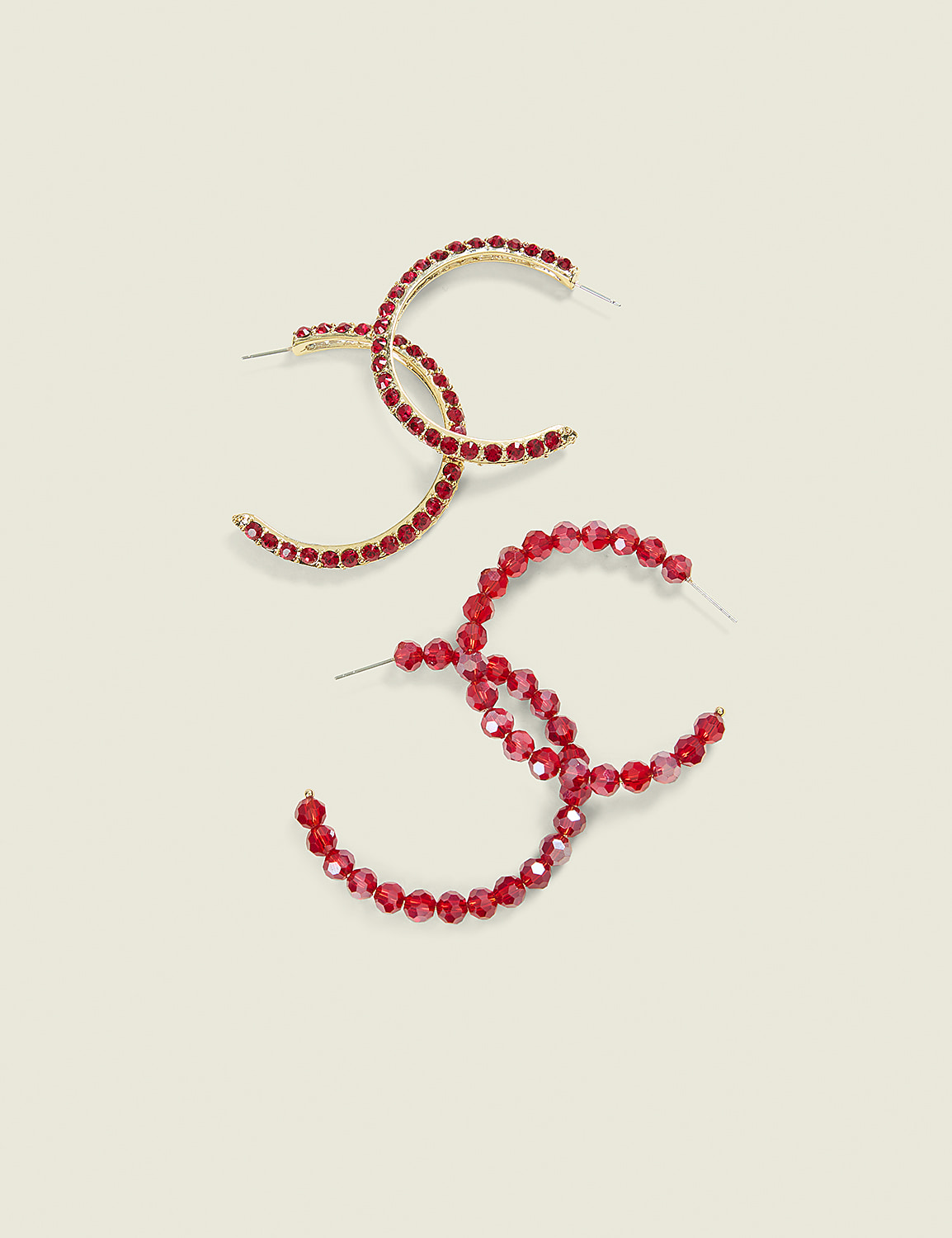 Red Pave & Beaded Hoop Earring 2-Pack Product Image 1