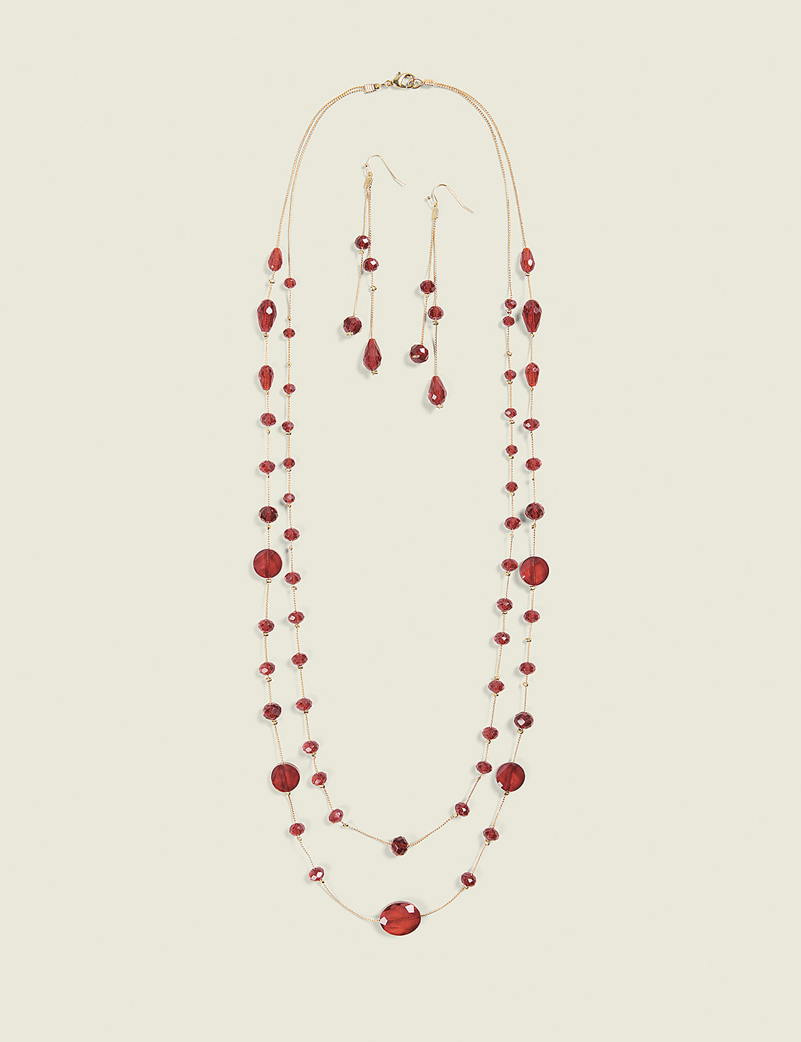 Long Red Beaded Necklace & Earring Set Product Image 1