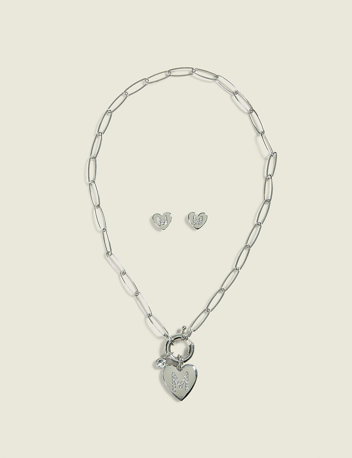 Silver Heart Initial Necklace & Earrings Set Product Image 1