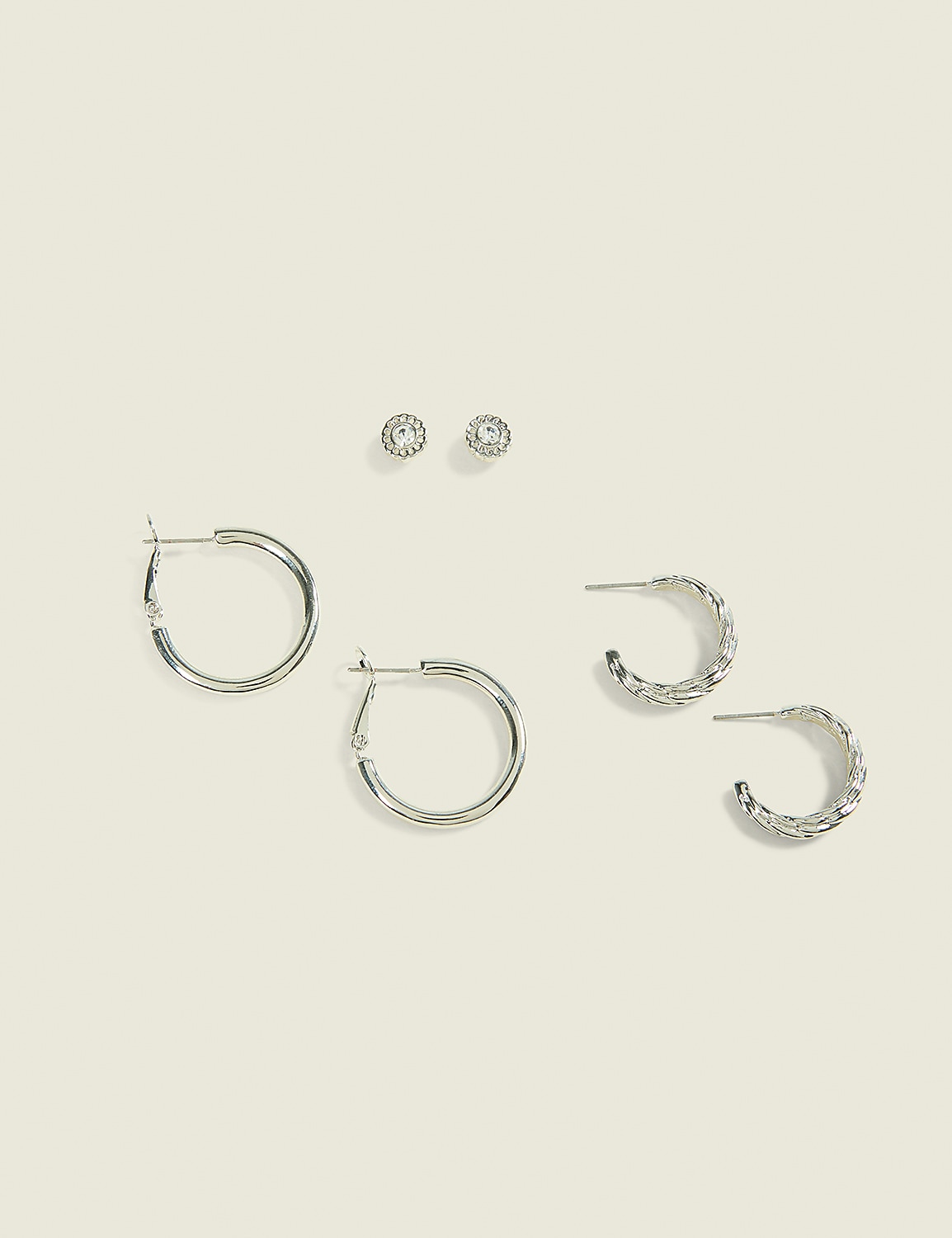3-Pack Silver Textured Hoop & CZ Stud Earring Product Image 1