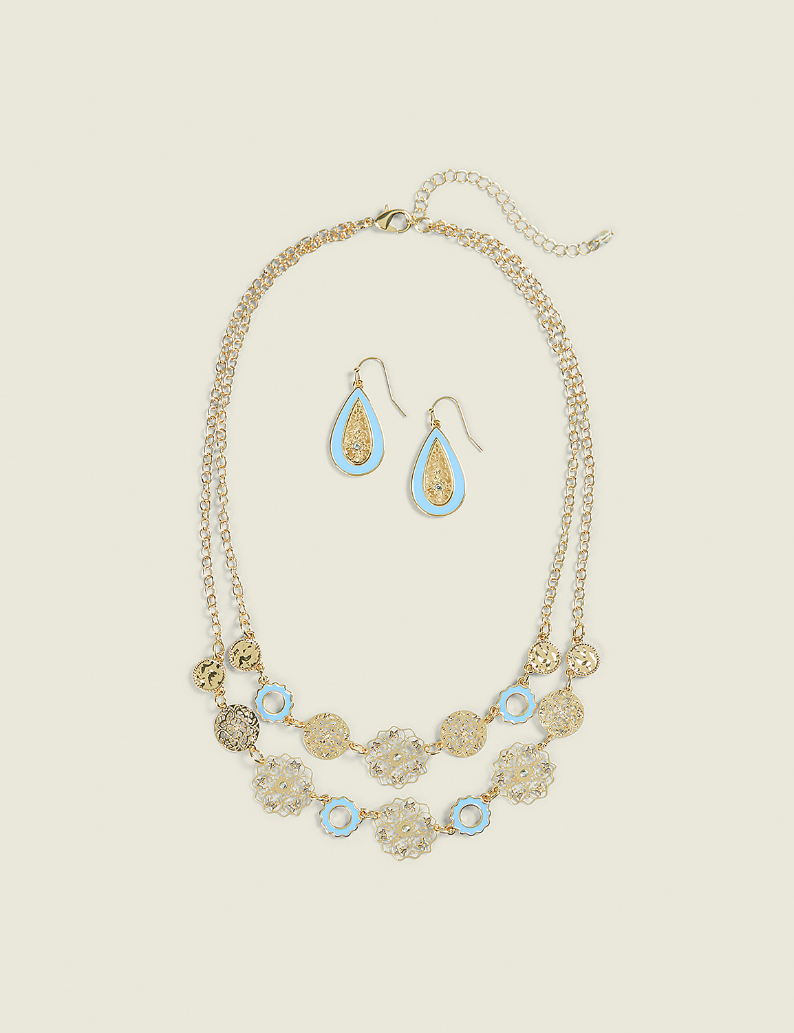 Light Blue Filigree Necklace & Earring Set