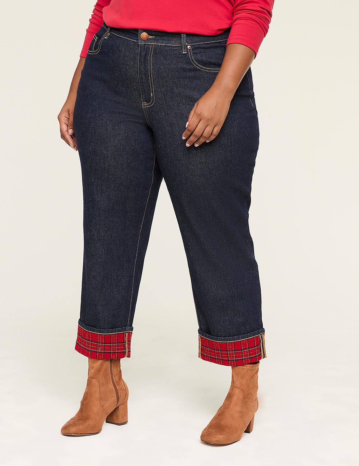 Boyfriend Fit Jean With Lurex Shimmer Plaid Cuff Product Image 1