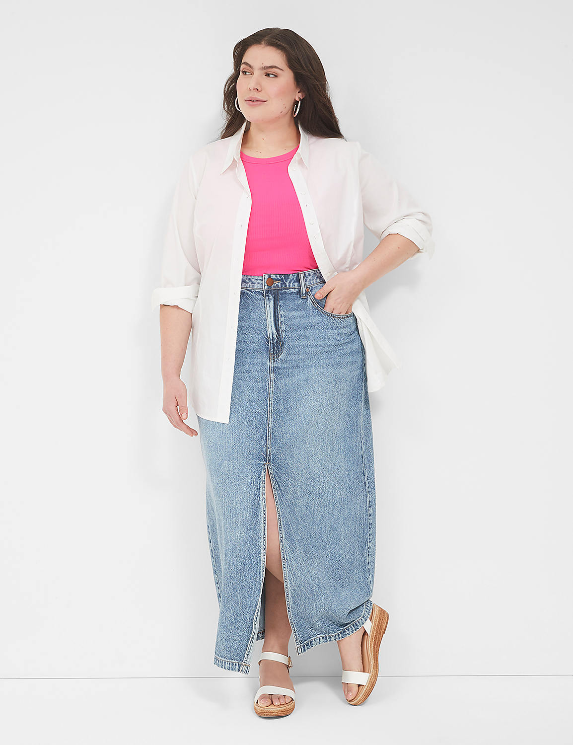 High-Rise Front-Slit Denim Maxi Skirt Product Image 3