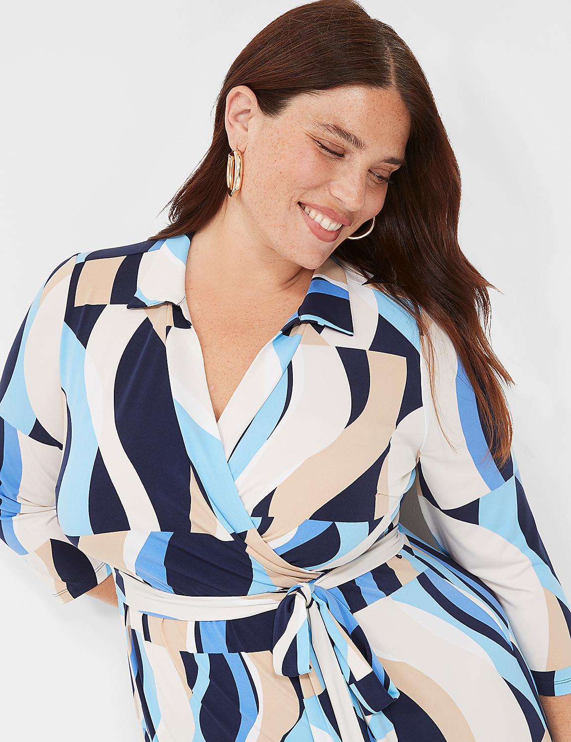3/4-Sleeve Collar Faux-Wrap Jersey Midi Dress Product Image 1
