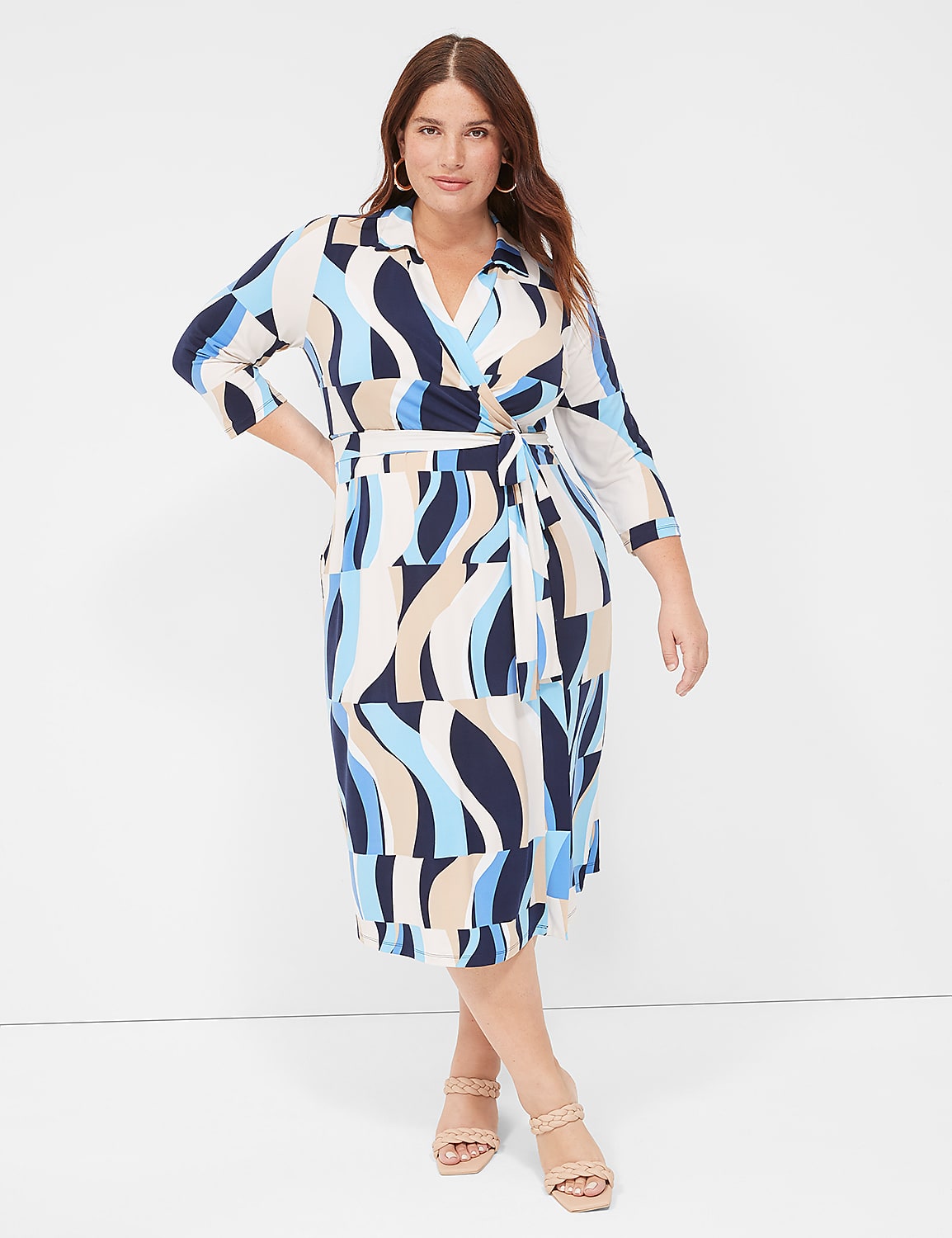 3/4-Sleeve Collar Faux-Wrap Jersey Midi Dress Product Image 3