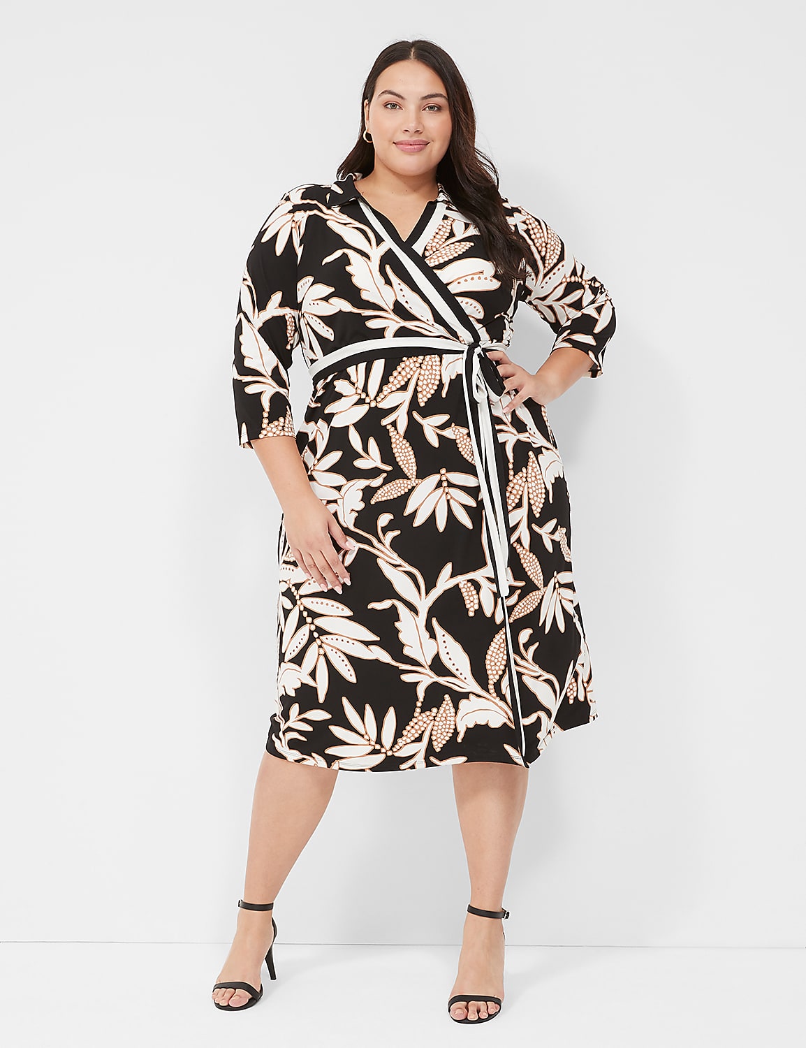 3/4-Sleeve Collar Faux-Wrap Jersey Midi Dress Product Image 1