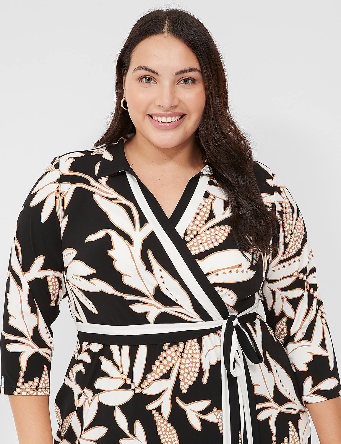 3/4-Sleeve Collar Faux-Wrap Jersey Midi Dress Product Image 3