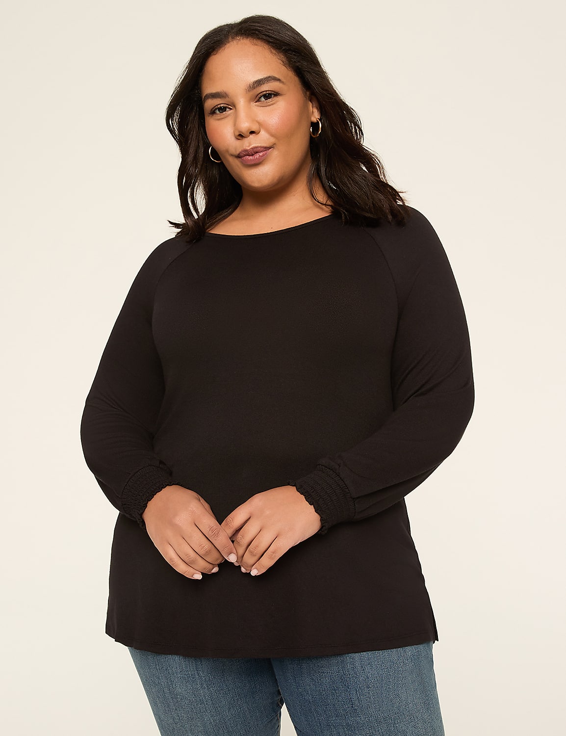 Smocked-Cuff Boatneck Hacci Top Product Image 1