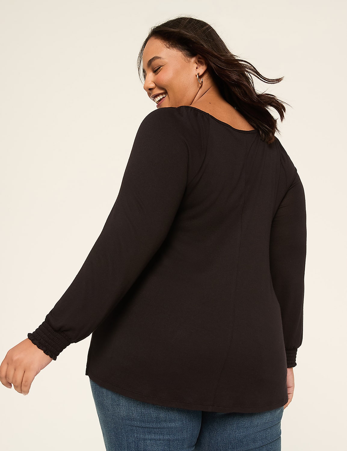 Smocked-Cuff Boatneck Hacci Top Product Image 2