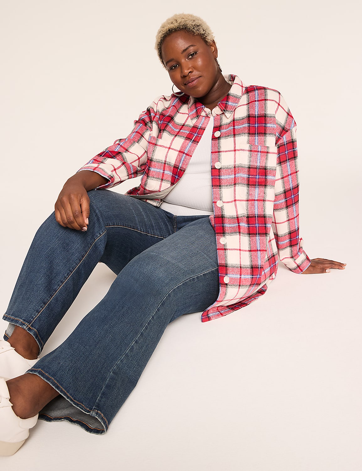 Button-Front Plaid Shacket Shirt Product Image 3