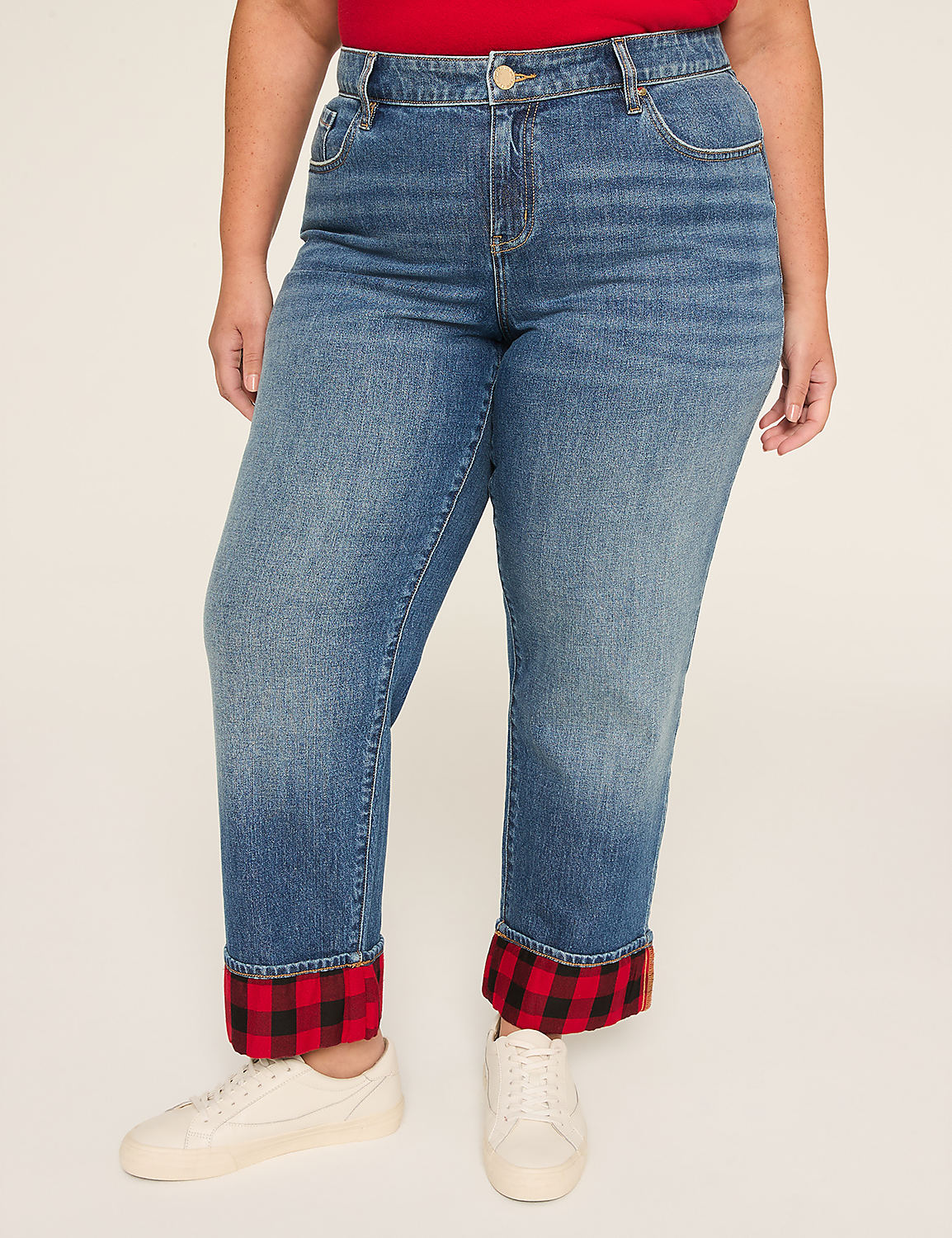 Boyfriend Fit Plaid-Cuff Jean Product Image 1