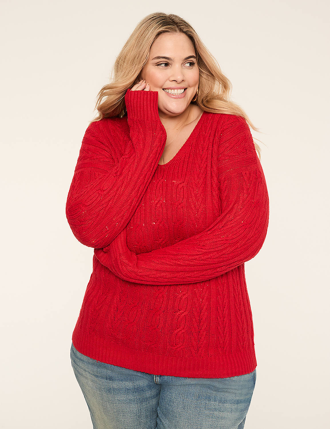 V-Neck Cable Knit Pullover Sweater Product Image 1