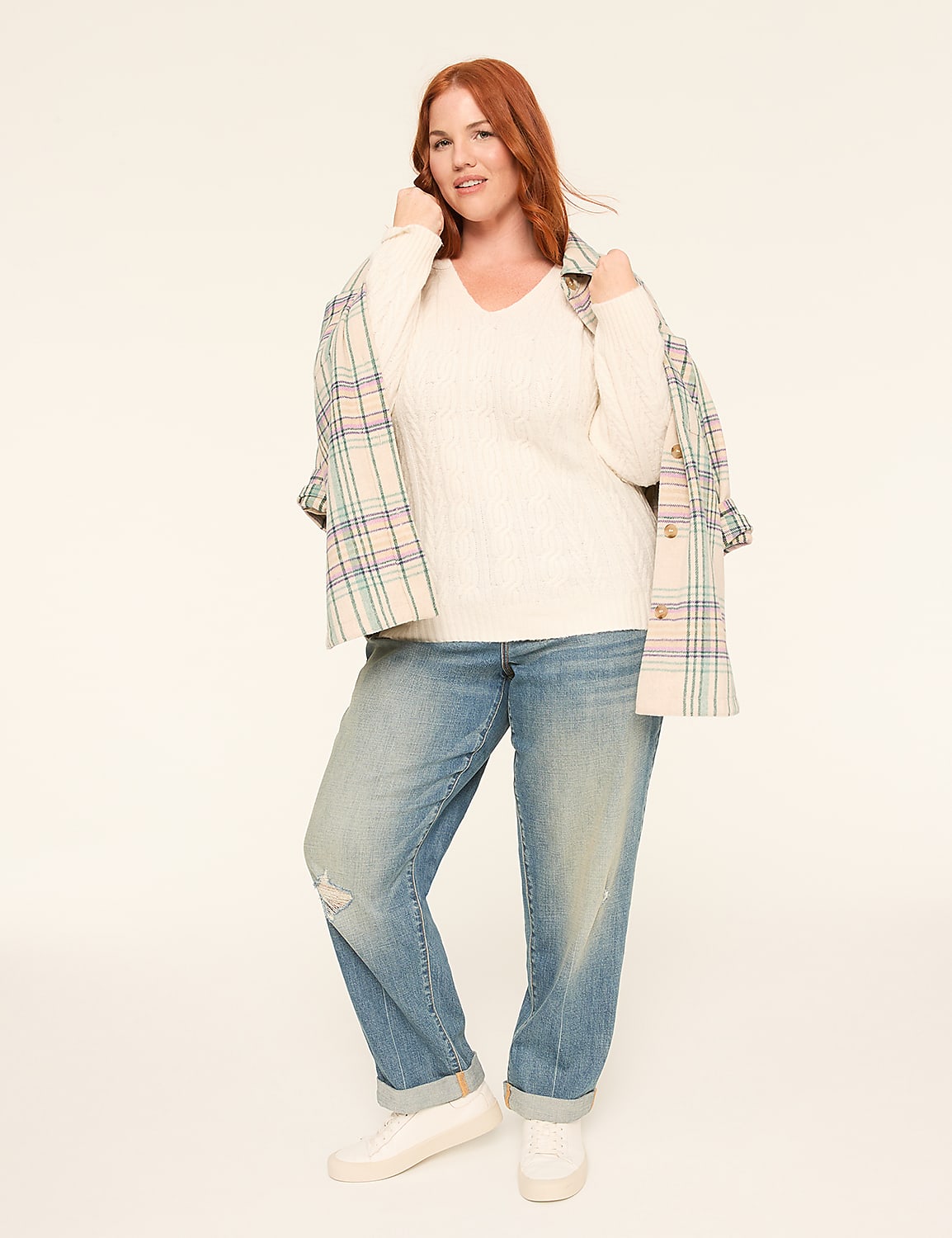 V-Neck Cable Knit Pullover Sweater Product Image 3