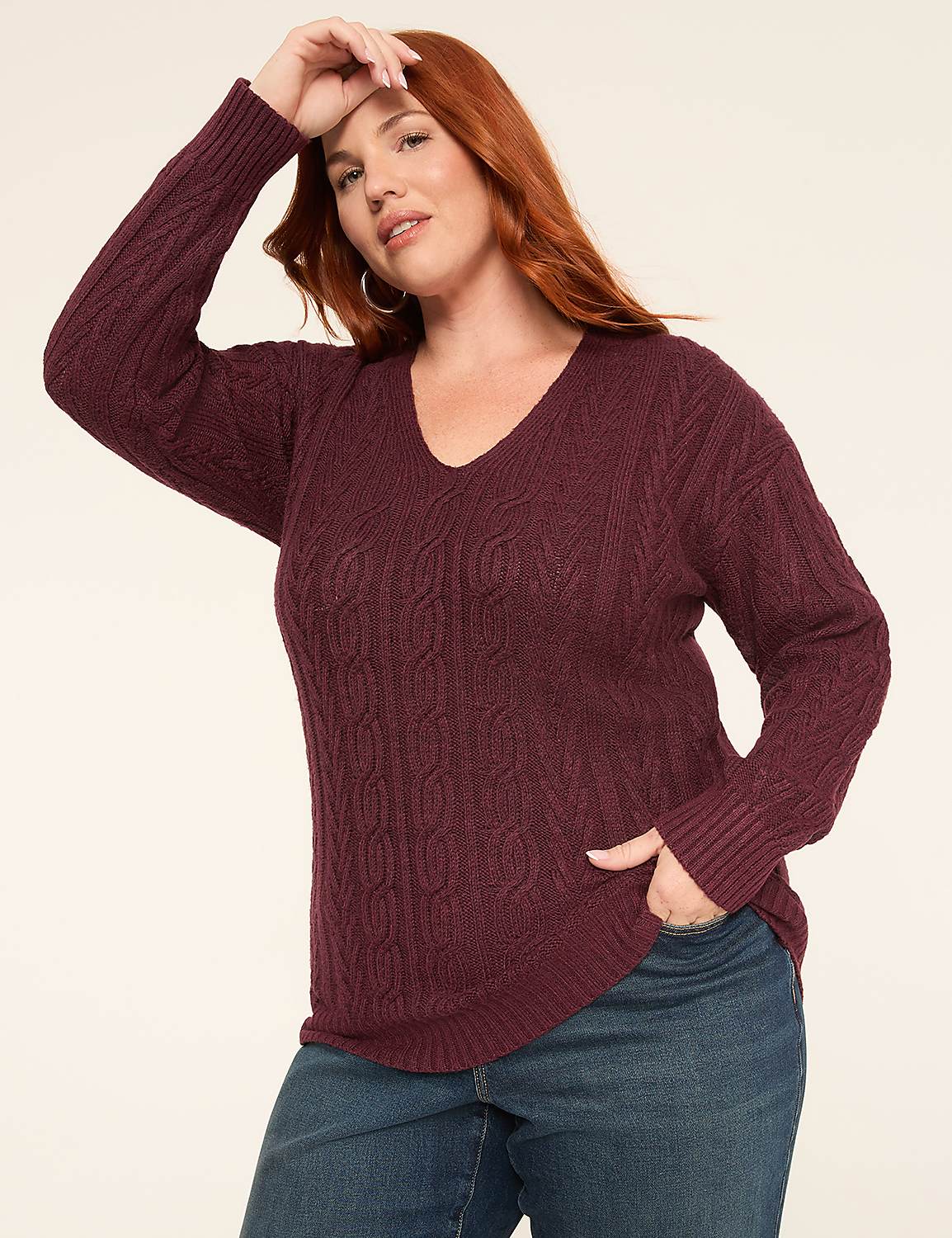 V-Neck Cable Knit Pullover Sweater Product Image 1