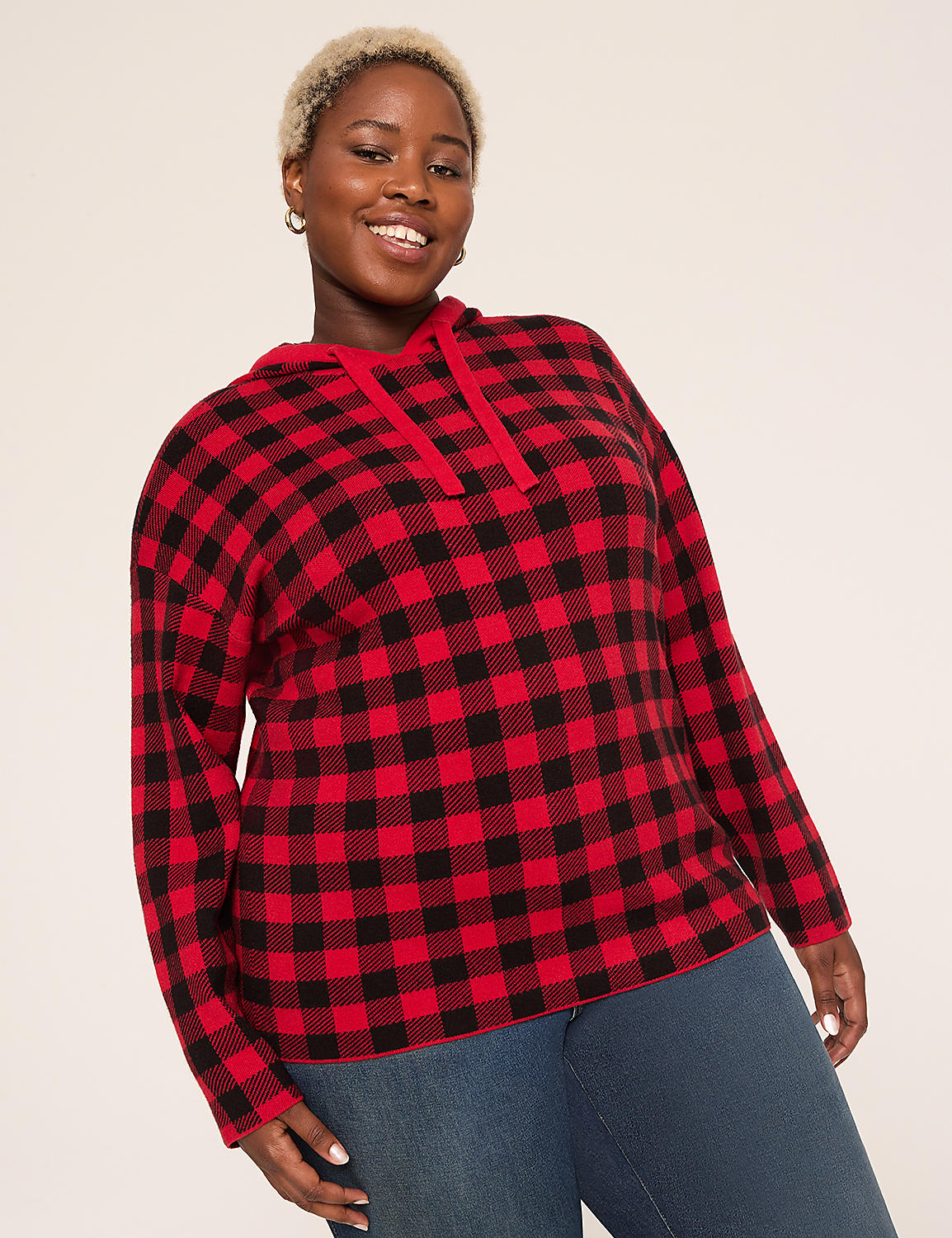 Long-Sleeve Buffalo Check Hoodie Sweater Product Image 1