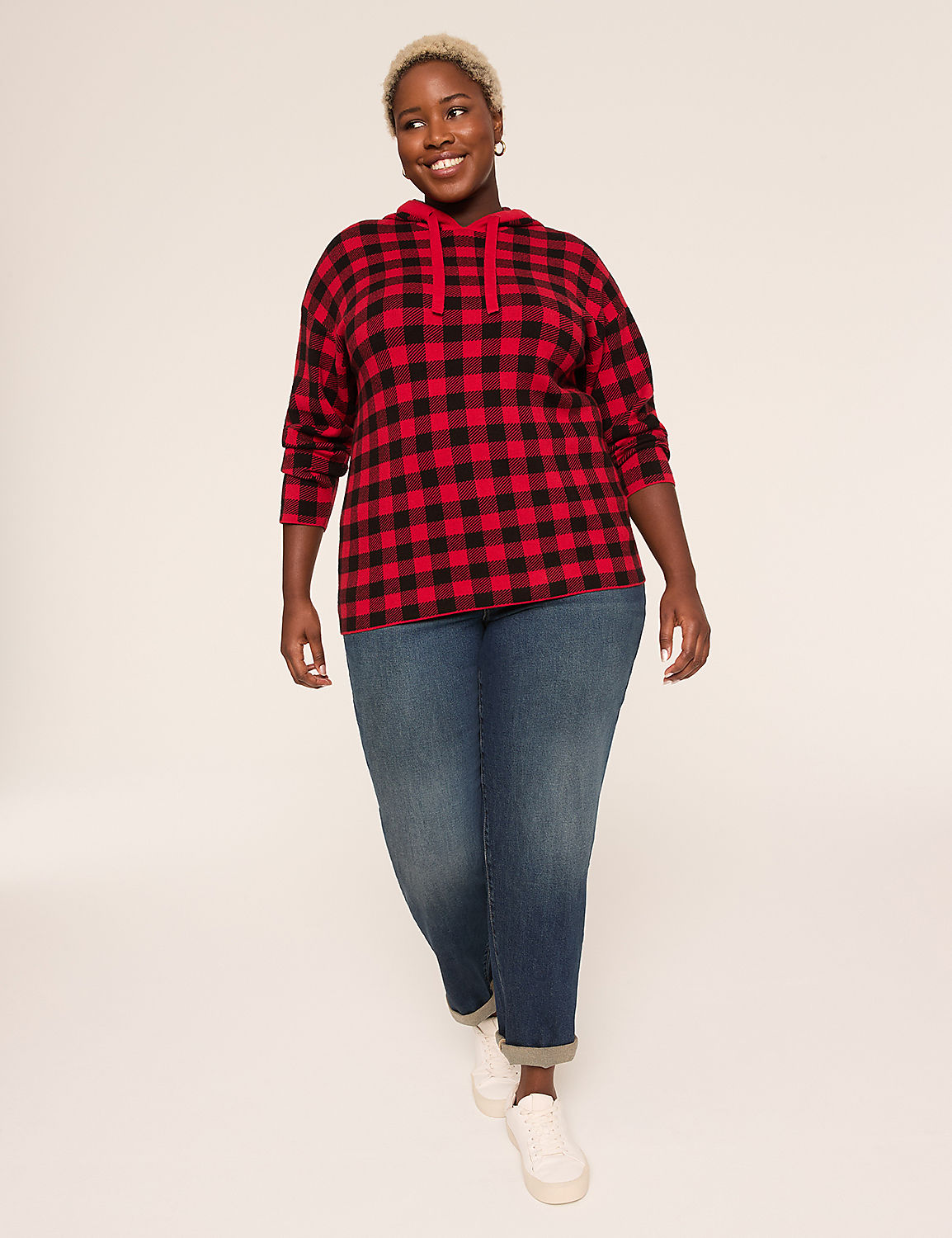 Long-Sleeve Buffalo Check Hoodie Sweater Product Image 3