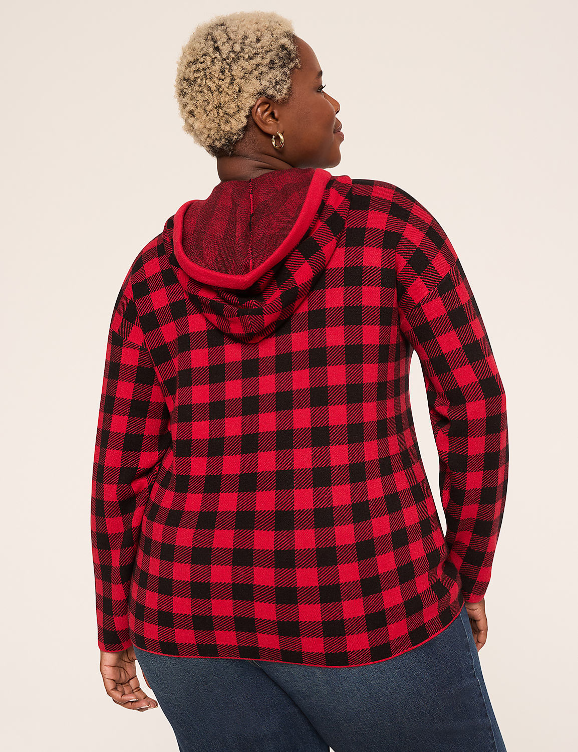 Long-Sleeve Buffalo Check Hoodie Sweater Product Image 2