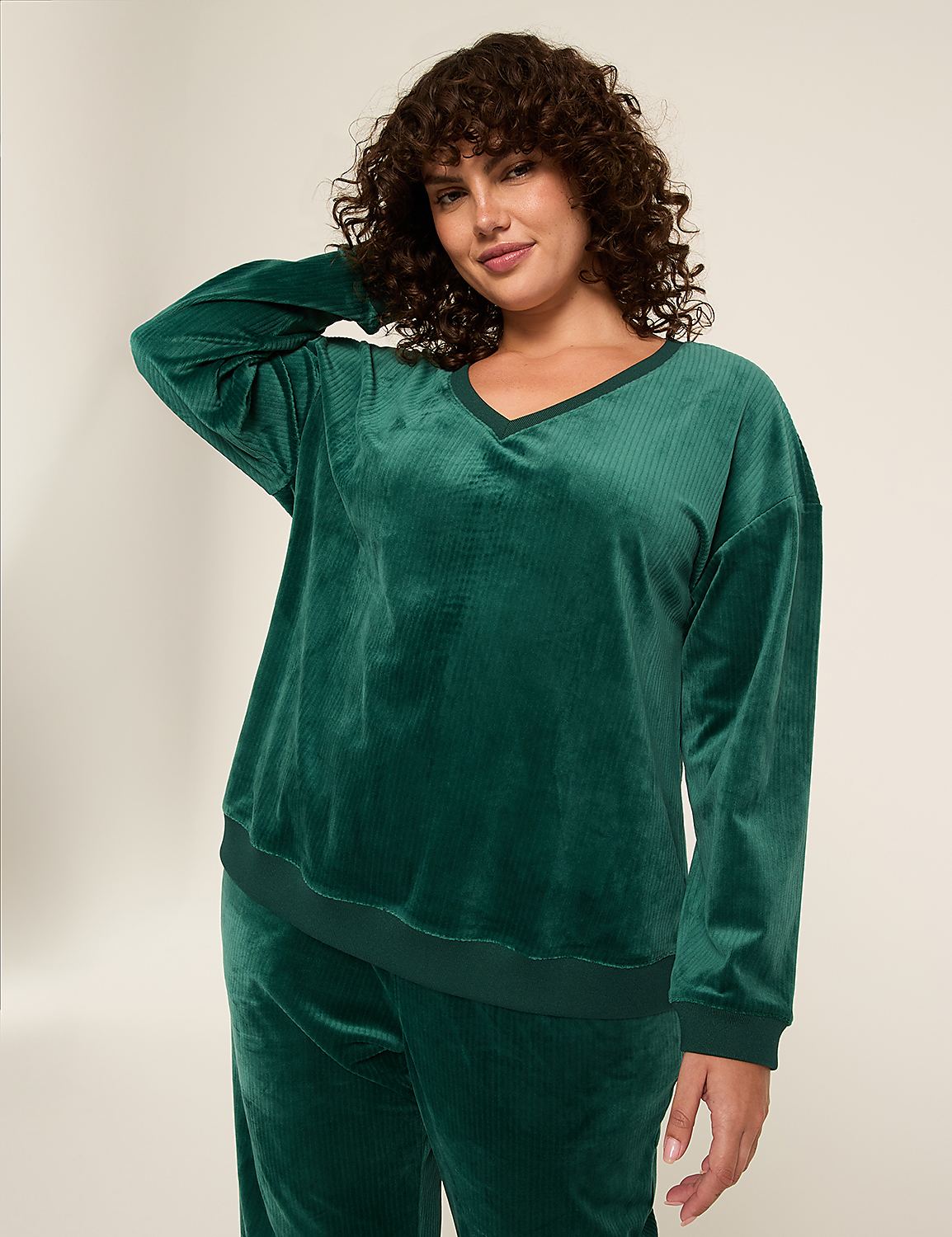 LIVI Ribbed Velour V-Neck Sweatshirt Product Image 1
