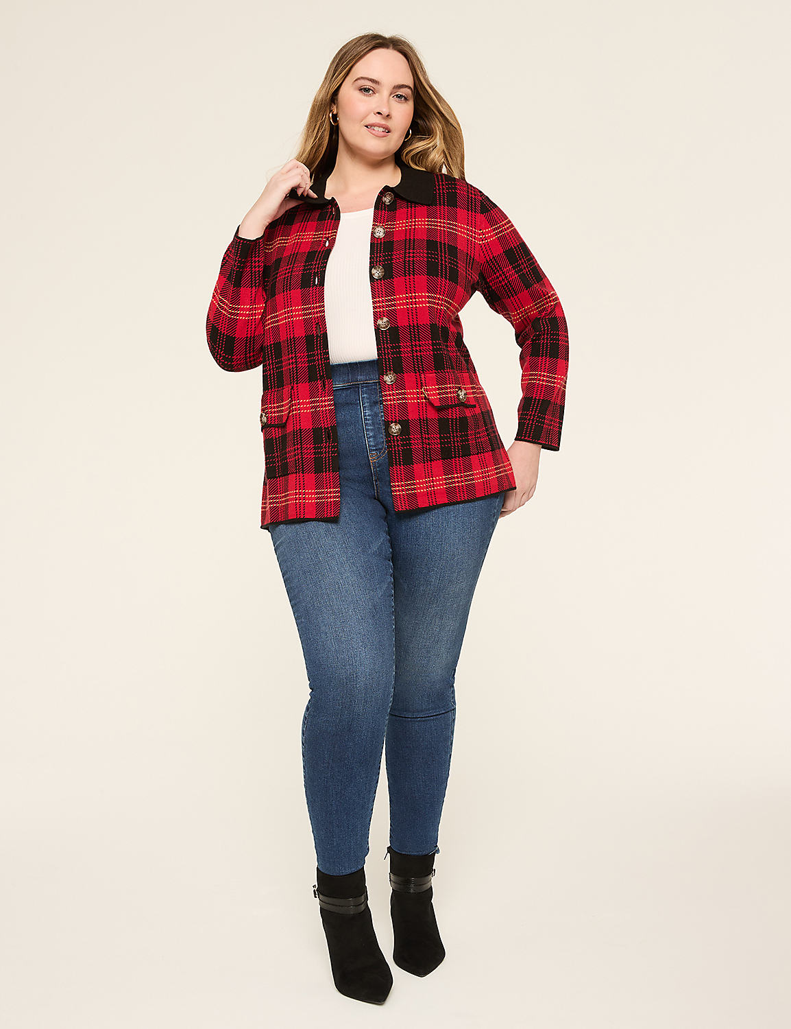 Collared Plaid Button-Front Cardigan Product Image 3