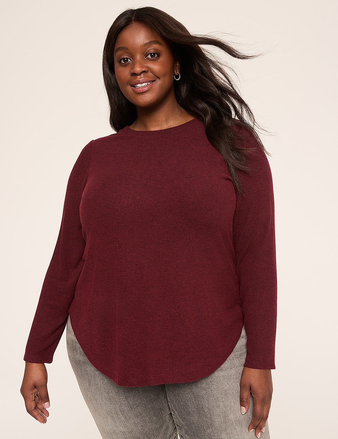 Rib-Sleeve Curved-Hem Top | LaneBryant
