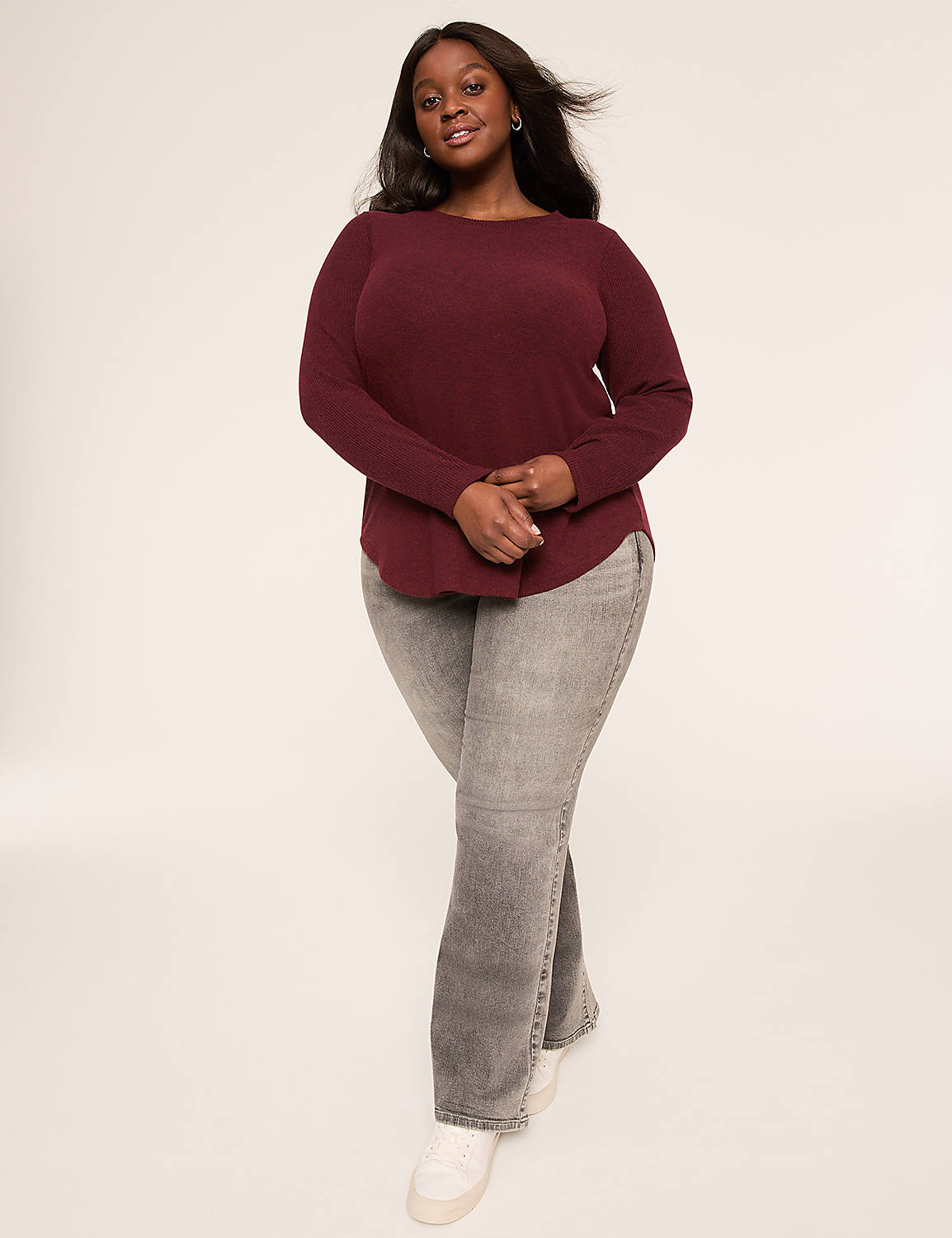 Rib-Sleeve Curved-Hem Top | LaneBryant
