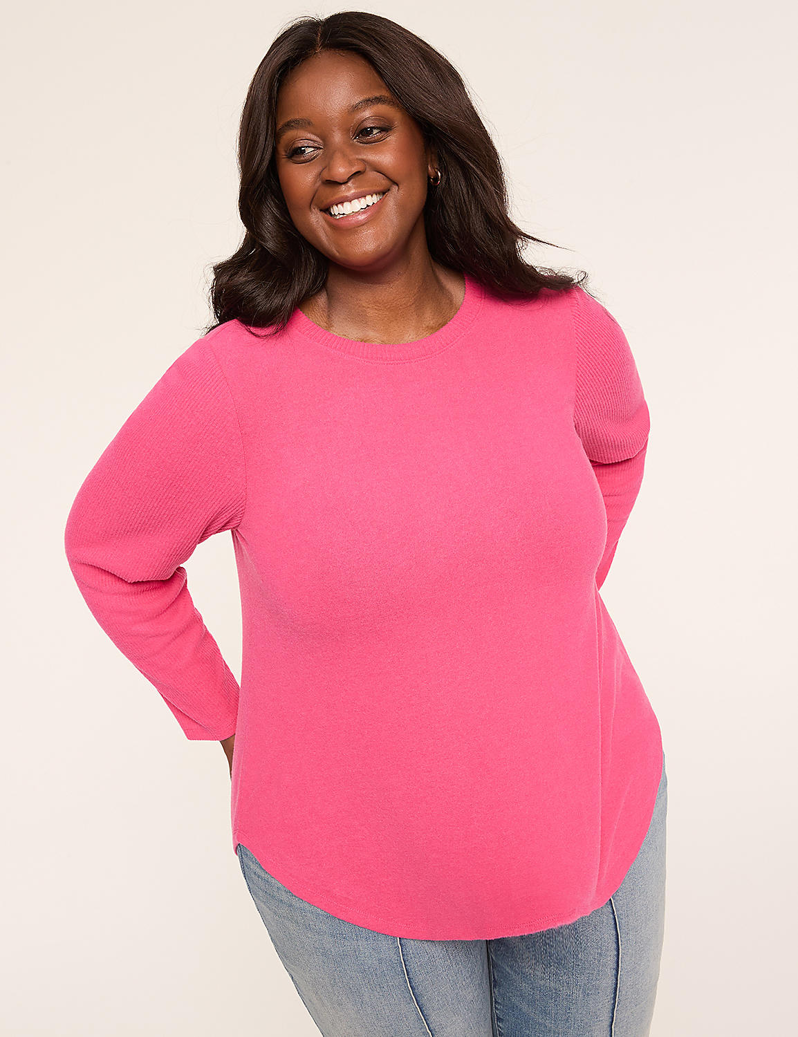 Rib-Sleeve Curved-Hem Top | LaneBryant