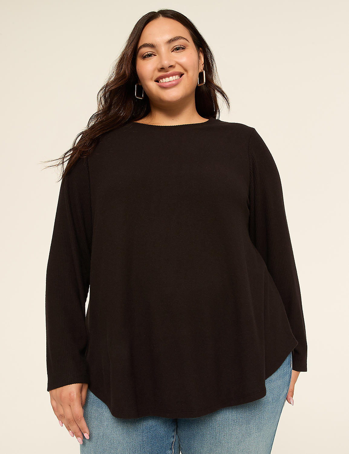 Rib-Sleeve Curved-Hem Top Product Image 1