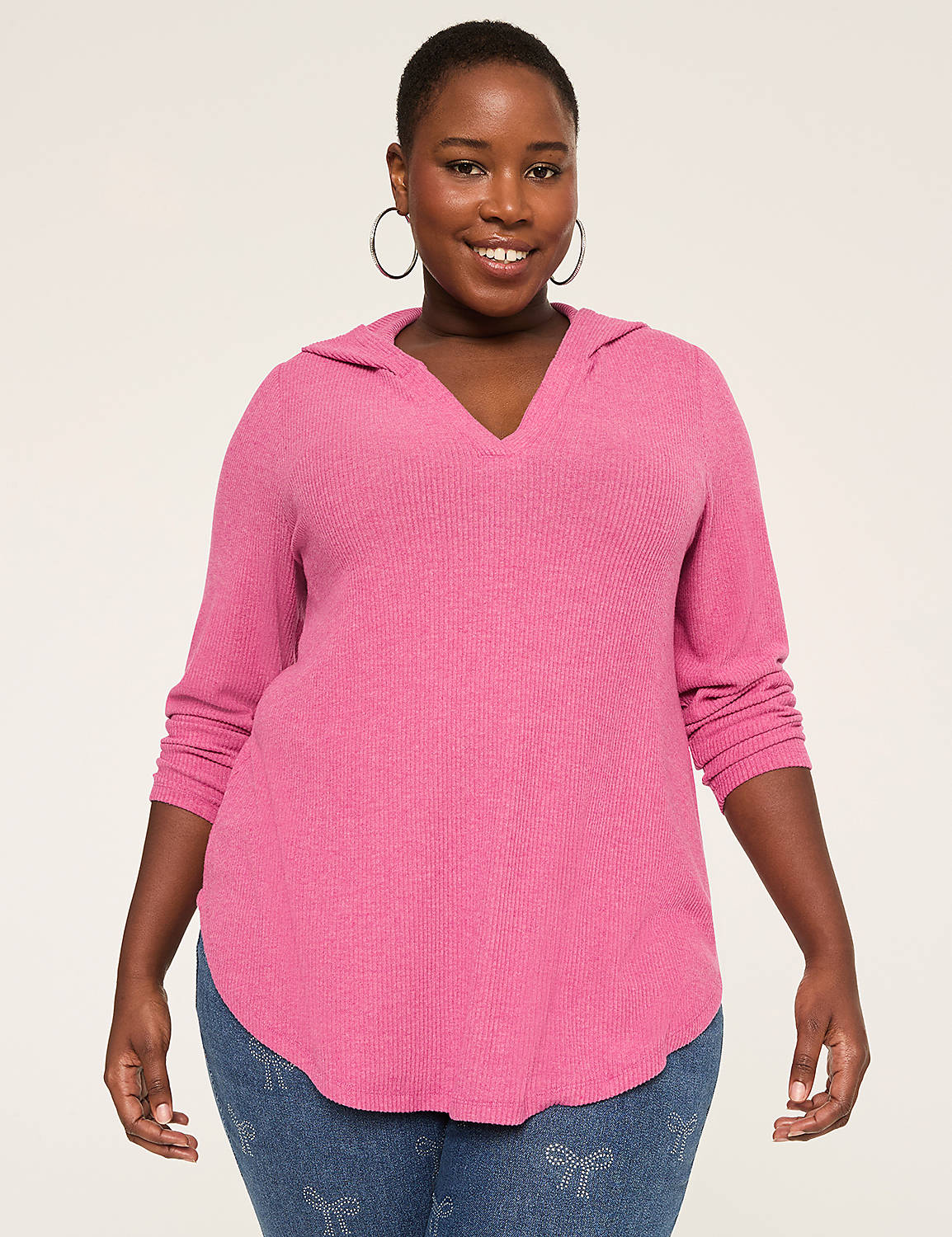 Notch-Neck Curved-Hem Hoodie Top - thumbnail 10