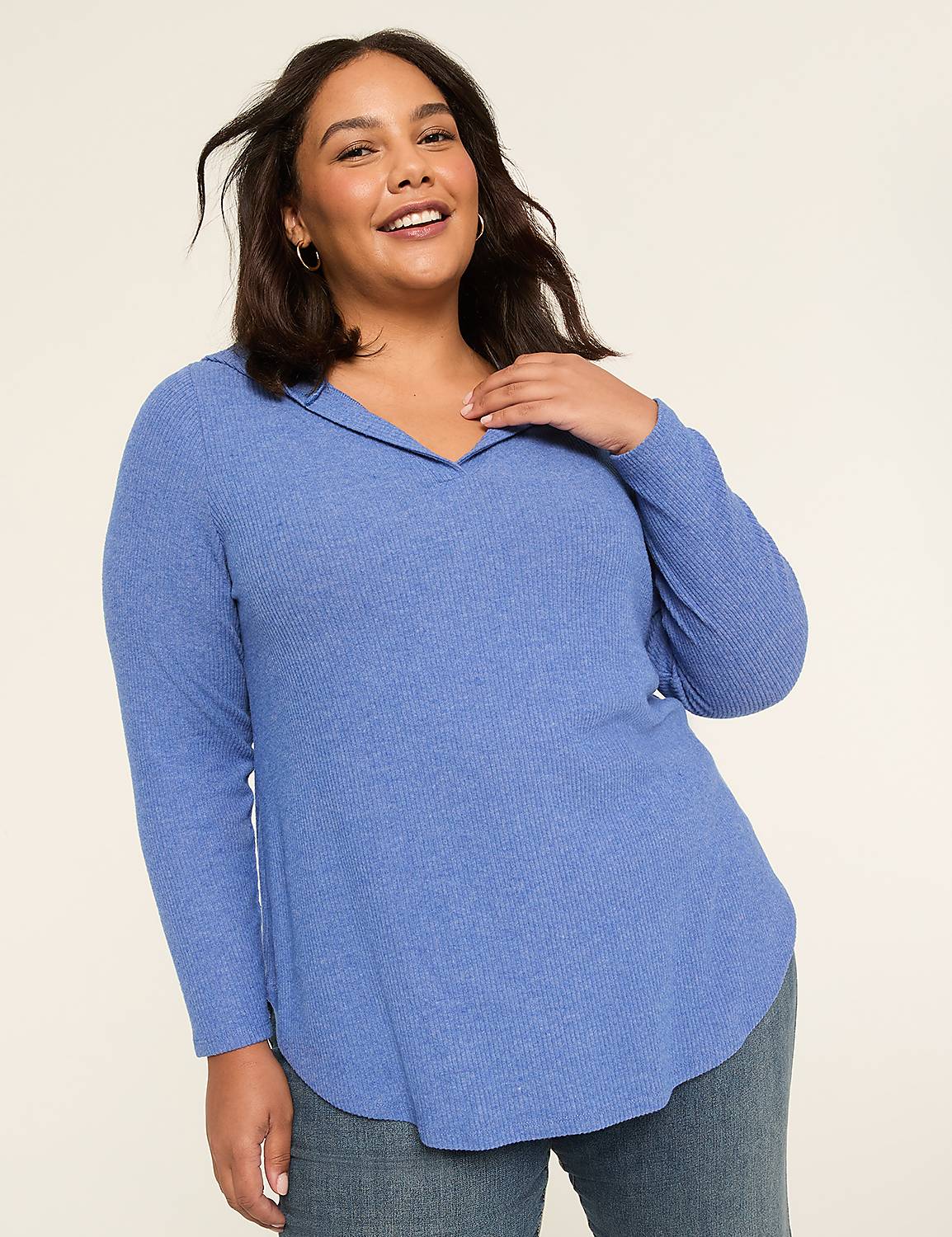 Notch-Neck Curved-Hem Hoodie Top - thumbnail 4