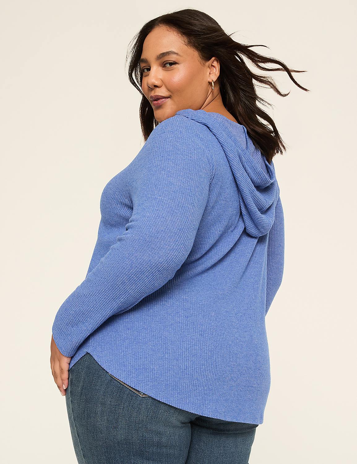 Notch-Neck Curved-Hem Hoodie Top - thumbnail 5