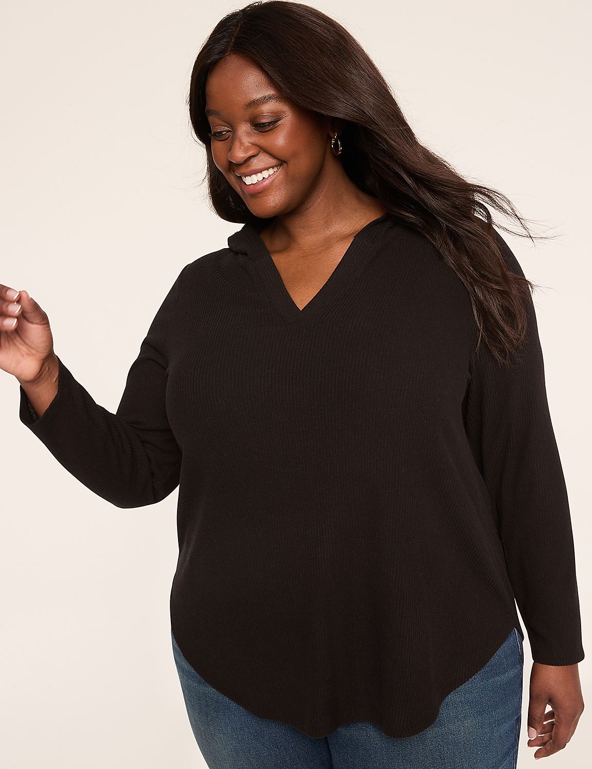 Notch-Neck Curved-Hem Hoodie Top