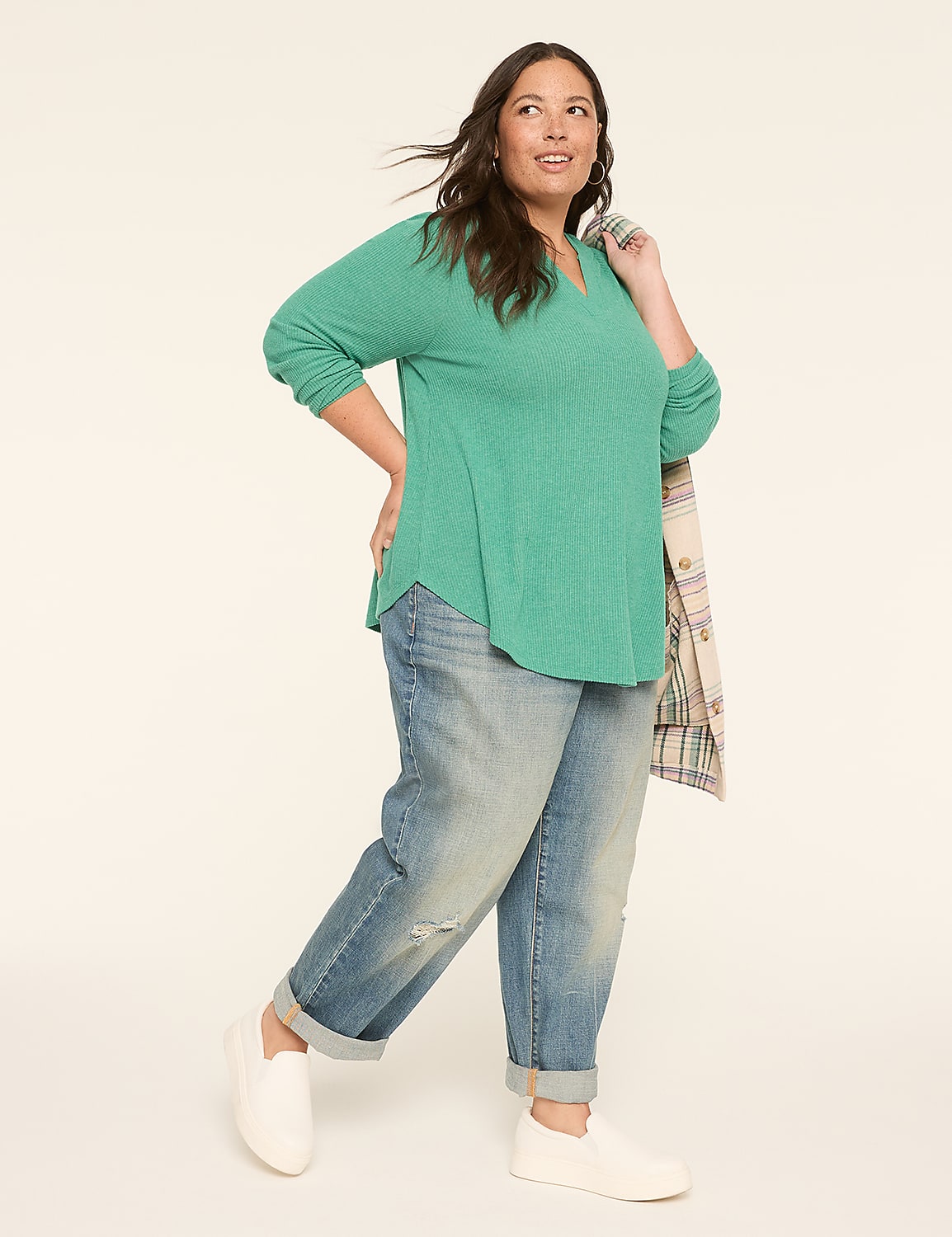 Notch-Neck Curved-Hem Hoodie Top Product Image 3