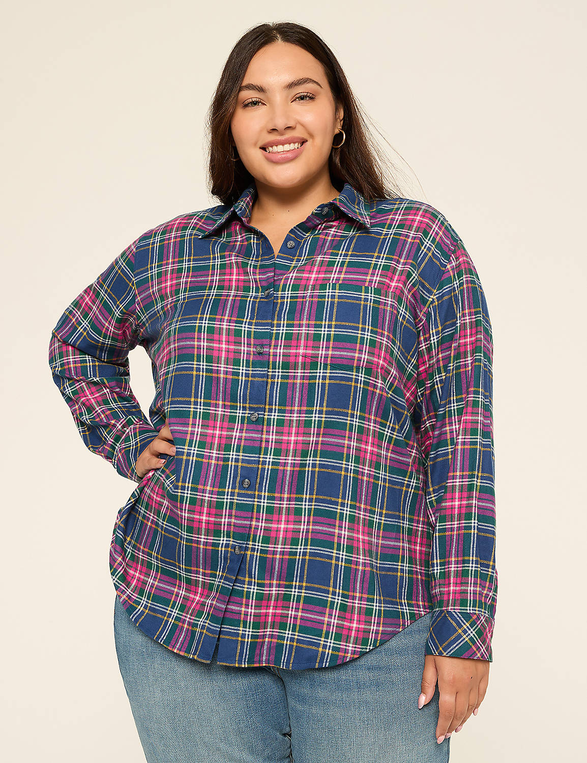Metallic-Shimmer Button-Down Plaid Top Product Image 1