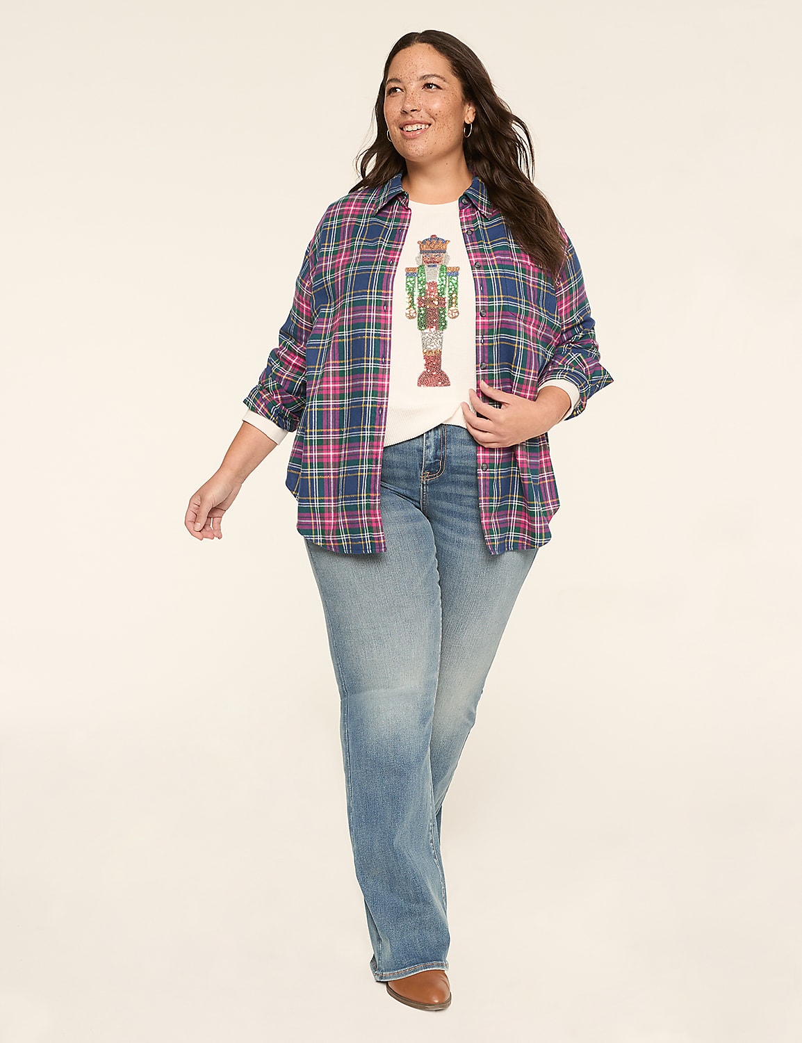 Metallic-Shimmer Button-Down Plaid Top Product Image 4
