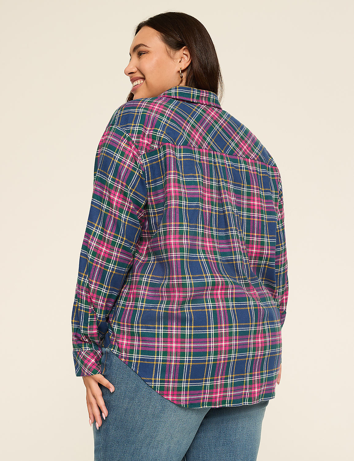 Metallic-Shimmer Button-Down Plaid Top Product Image 2