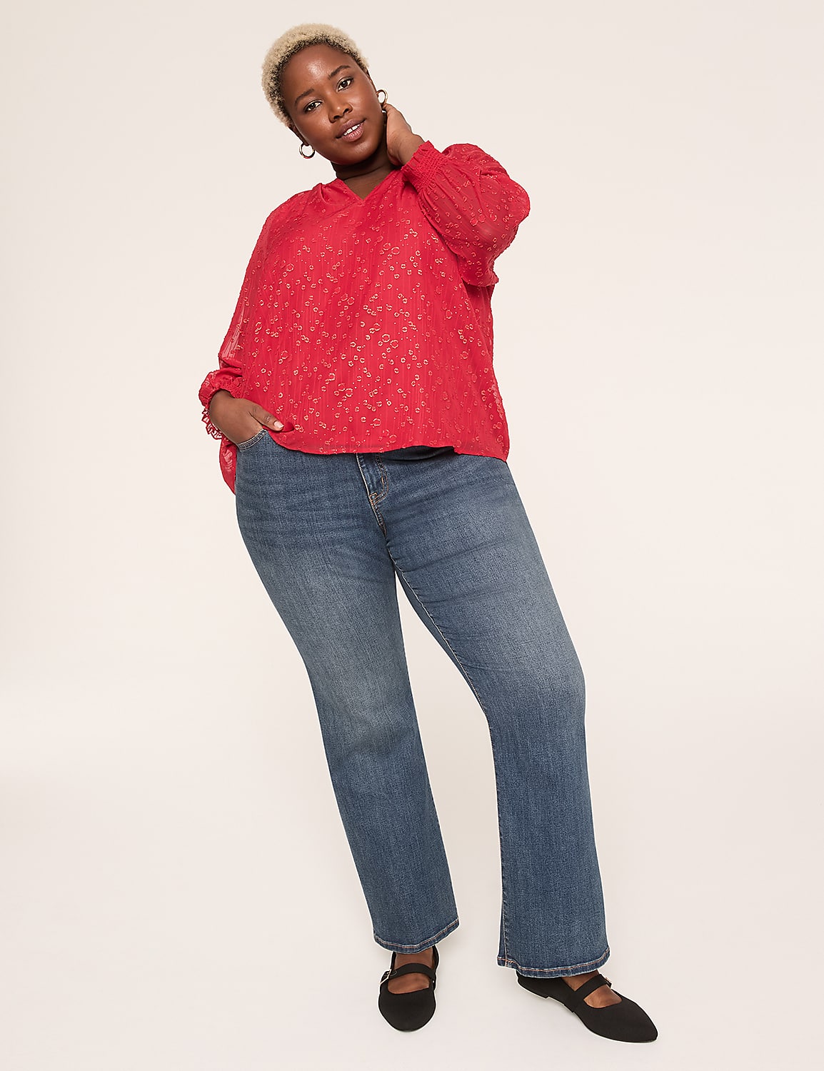 Swing Metallic Split-Neck Popover Blouse Product Image 5