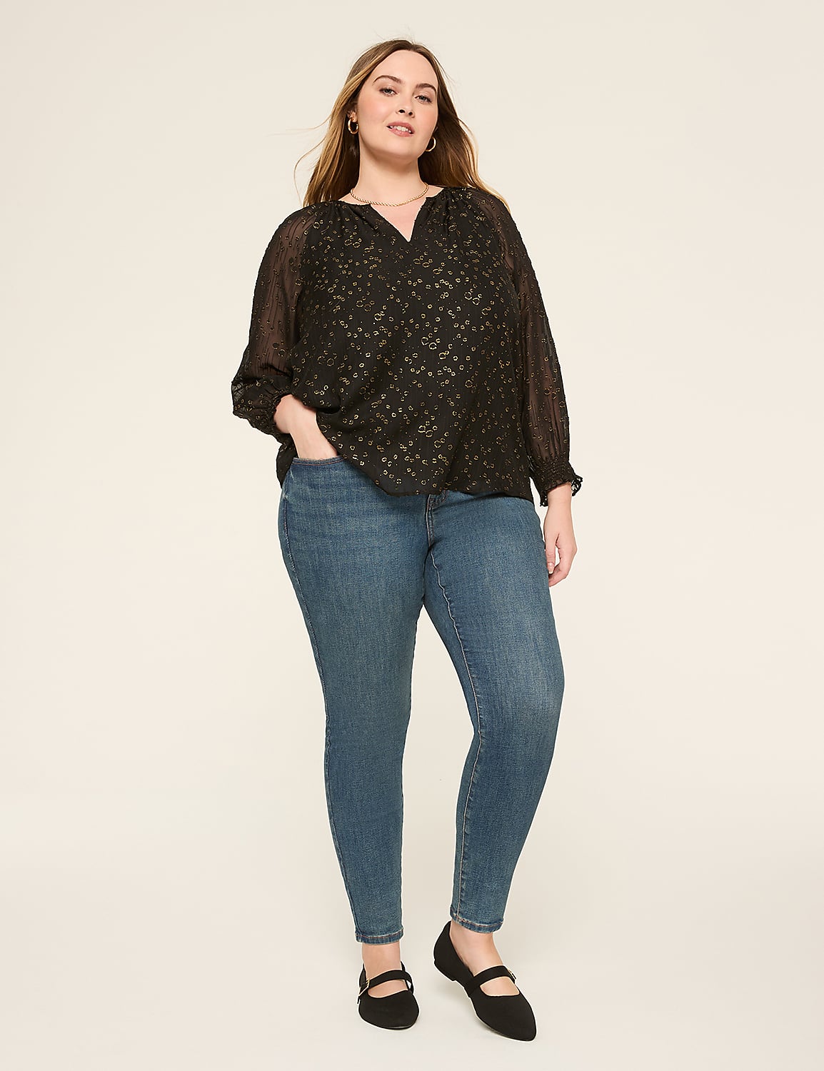 Swing Metallic Split-Neck Popover Blouse Product Image 5