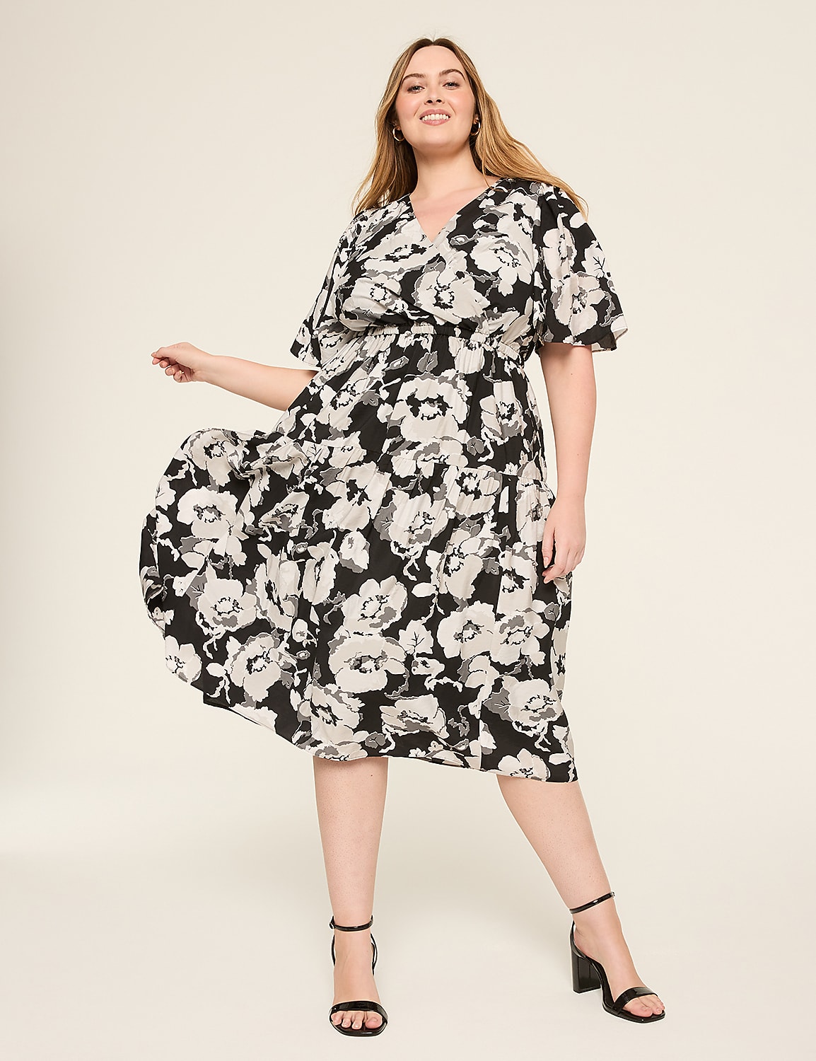 Surplice-Neck Elbow-Sleeve Midi Dress Product Image 1