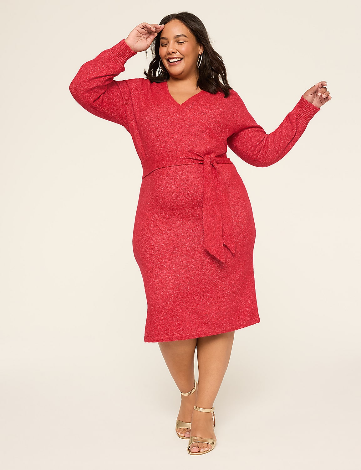Faux-Wrap Long-Sleeve Midi Sweater Dress Product Image 1