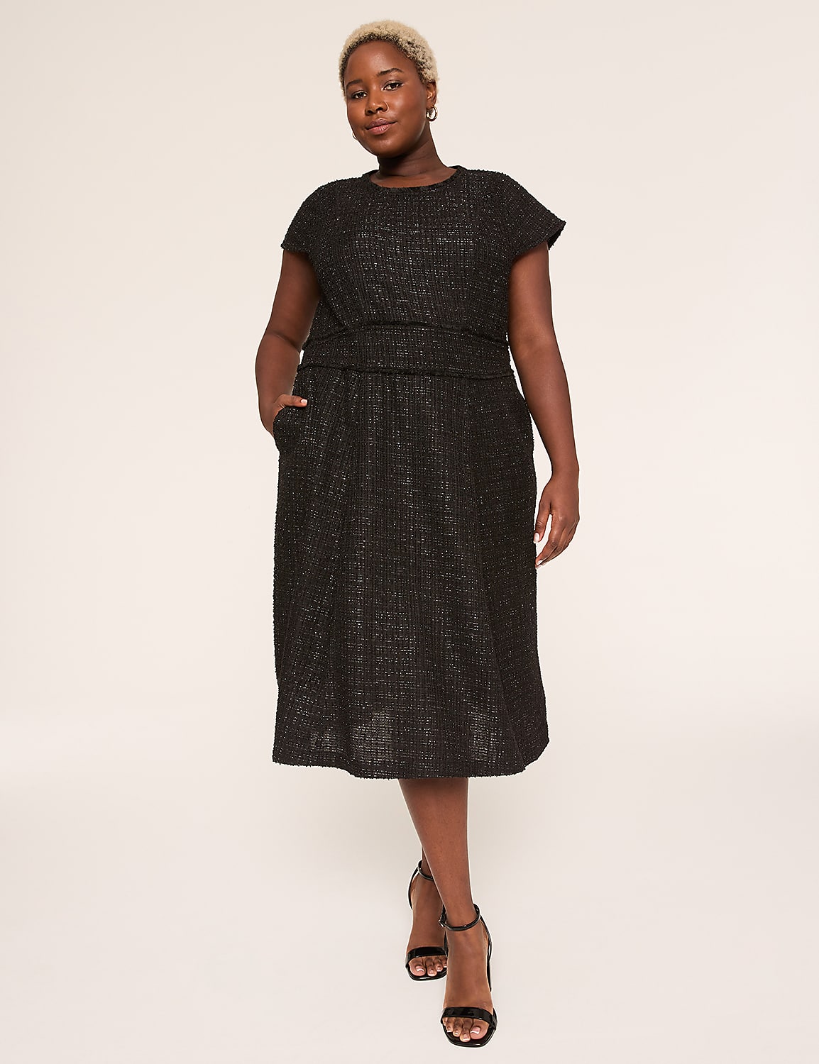 Cap-Sleeve Trim-Detail Metallic Tweed Midi Dress Product Image 1