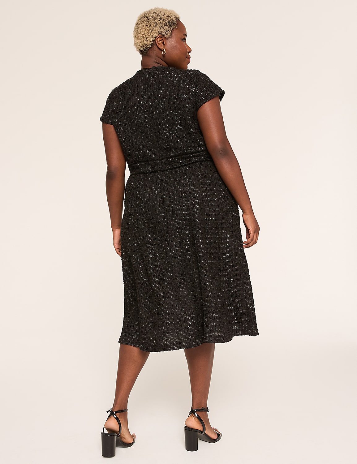 Cap-Sleeve Trim-Detail Metallic Tweed Midi Dress Product Image 2