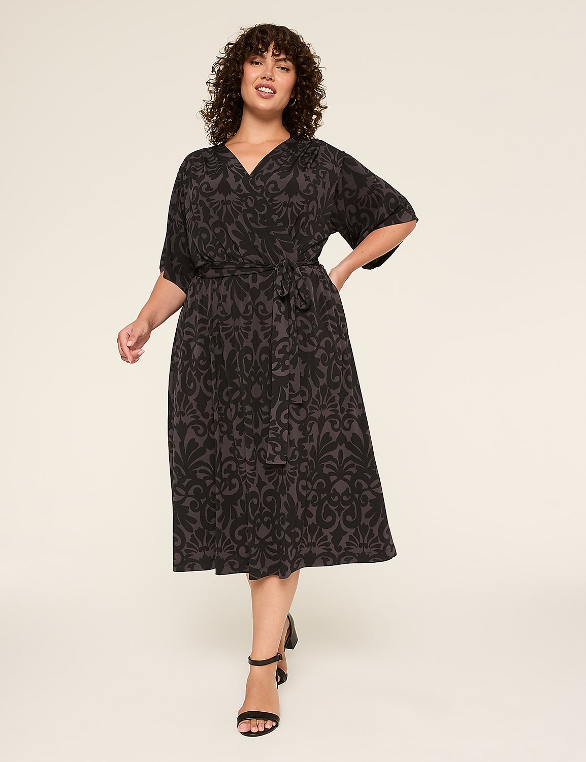 Kimono-Sleeve Faux-Wrap Jersey Midi Dress Product Image 1