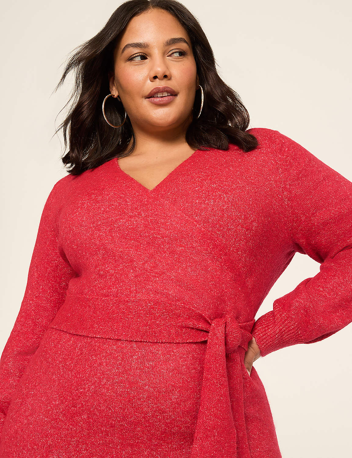 Faux-Wrap Long-Sleeve Midi Sweater Dress Product Image 3