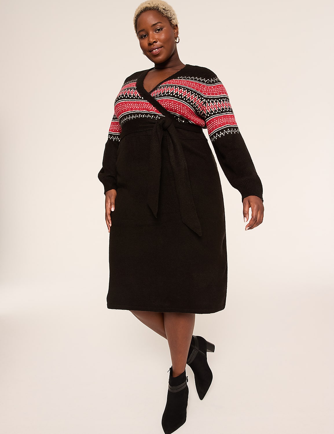 Fair Isle Faux-Wrap Sweater Midi Dress Product Image 1