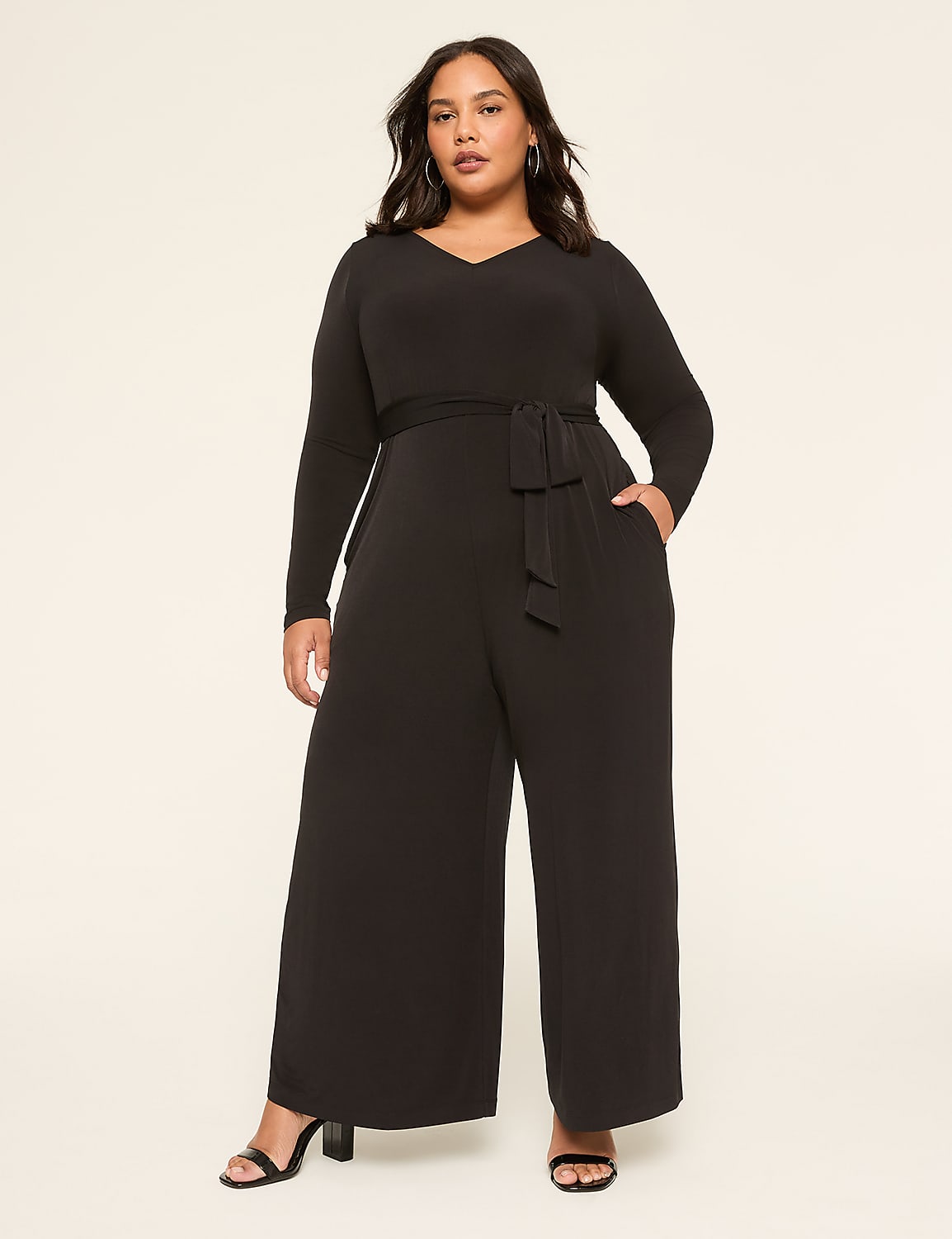 Long-Sleeve Tie-Waist Wide Leg Jersey Jumpsuit Product Image 1