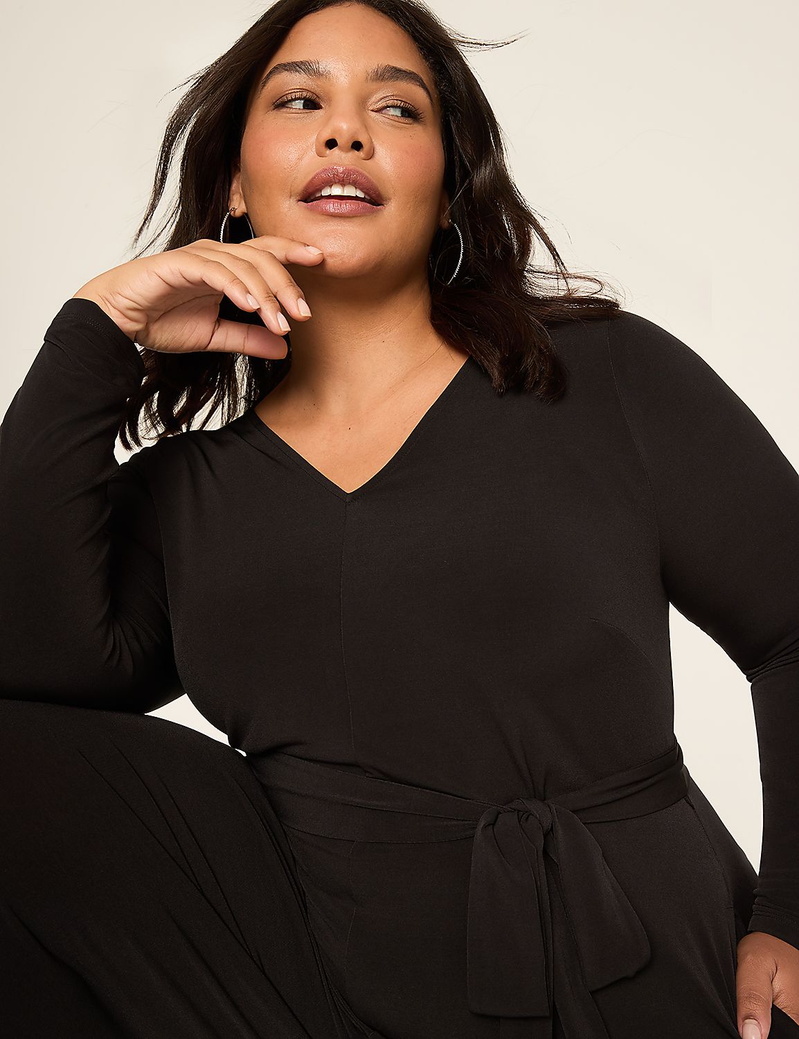 Long-Sleeve Tie-Waist Wide Leg Jersey Jumpsuit Product Image 3