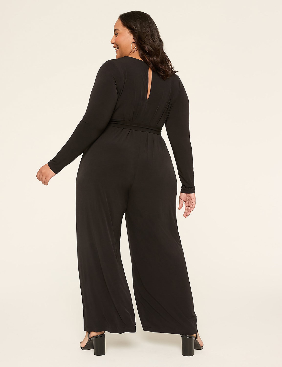 Long-Sleeve Tie-Waist Wide Leg Jersey Jumpsuit Product Image 2