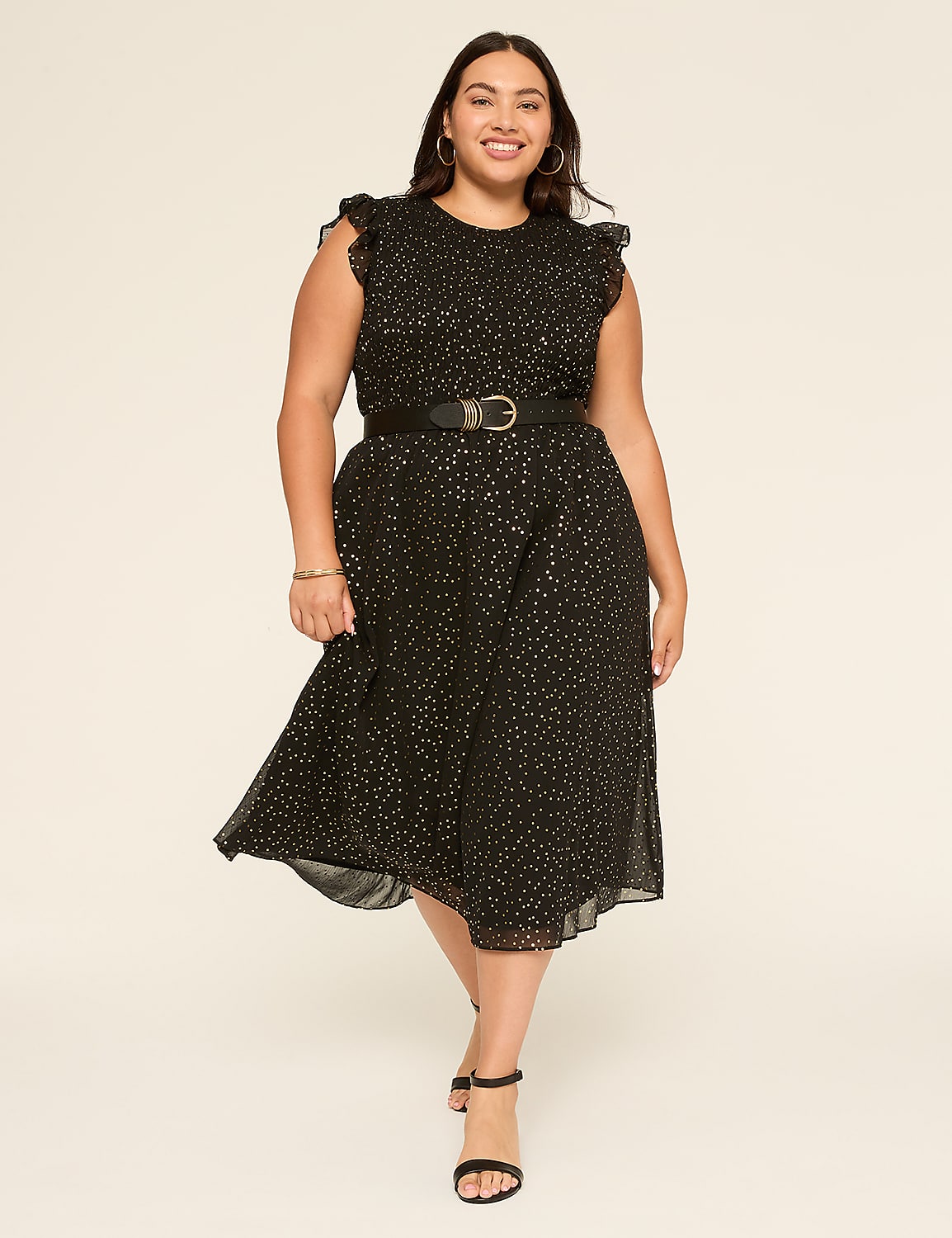 Foil Shimmer Flutter-Sleeve Smocked-Bodice Midi Dress Product Image 1