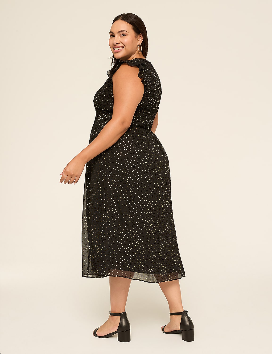 Foil Shimmer Flutter-Sleeve Smocked-Bodice Midi Dress Product Image 2