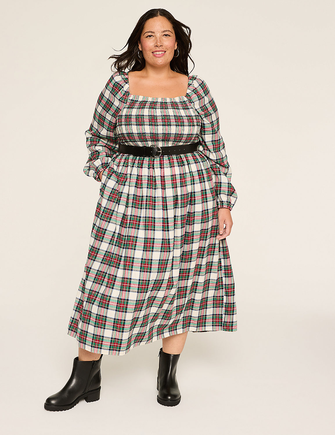 Lurex Square-Neck Smocked-Bodice Plaid Midi Dress Product Image 1